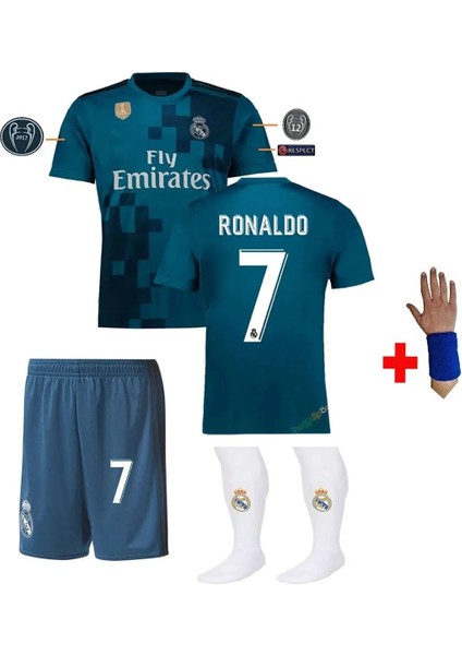 Real Madrid Ronaldo Turkuaz 2018 Çoçuk Futbol Forma 4lü Set Çorap ve Bileklik Hediye Y8