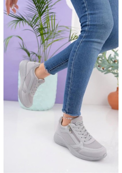 Kadın Gri Cilt Fermuarlı Spor Ayakkabı RM21048