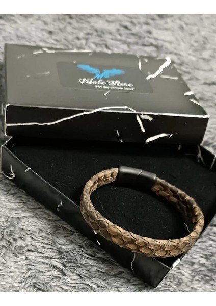 Kahverengi Yılan Derisi Çelik Başlıklı Bileklik