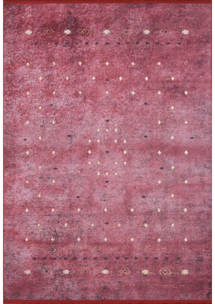 Kırmızı Dijital Baskılı Makinede Yıkanabilir Kaymaz Taban Saçaklı Halı Ha529