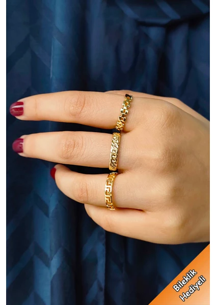 Trend Collection Klasik Minimal Gold Ayarlanabilir 3'lü Kadın Yüzük Set