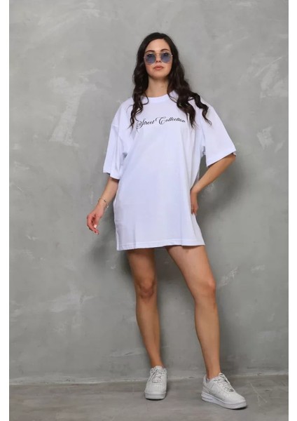 Unisex Bisiklet Yaka Baskılı Oversize T-Shirt - Beyaz