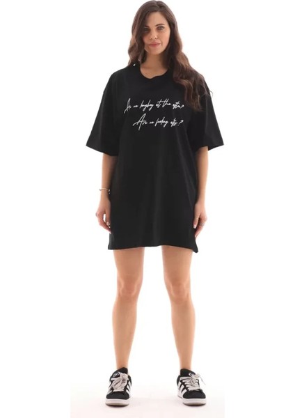 Unisex Bisiklet Yaka Baskılı Oversize T-Shirt - Siyah modelleri