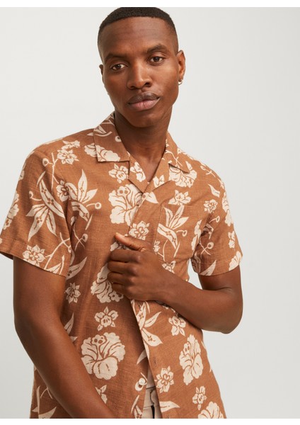 Comfort Fit Kahve Erkek Gömlek Jprbluflores Prınt Shırt S/s Ln
