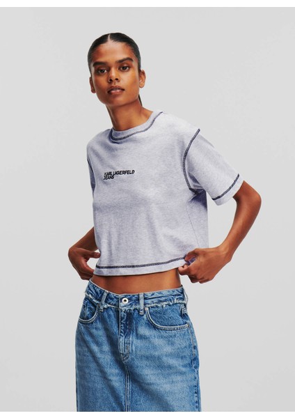 Yuvarlak Yaka Baskılı Gri Kadın T-Shirt 240J1702