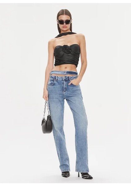 Yüksek Bel Düz Paça Standart Mavi Kadın Denim Pantolon 240J1107