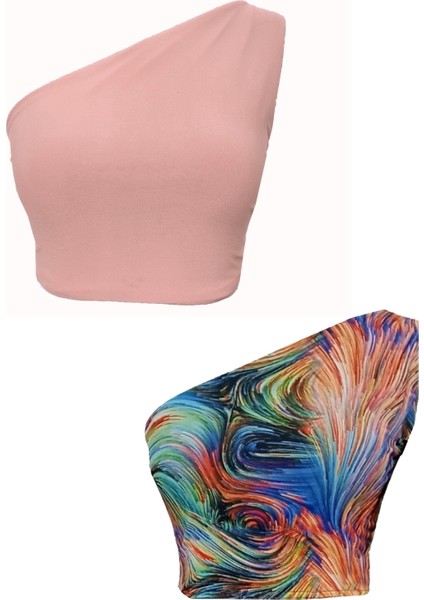 Çift Taraflı Kadın Tek Omuz Desenli Crop Bluz Soyut - Pudra