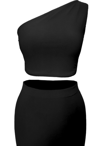 Çift Taraflı Kadın Tek Omuz Desenli Crop Bluz Siyah - Soyut