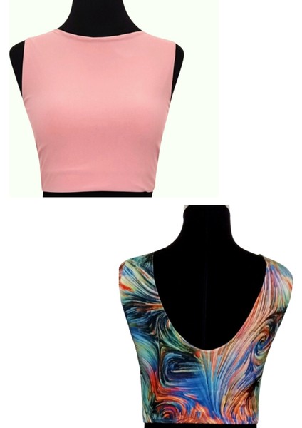 Çift Taraflı Kadın Sırt Dekolteli Desenli Crop Bluz Soyut - Pudra