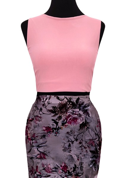 Çift Taraflı Kadın Sırt Dekolteli Desenli Crop Bluz Soyut - Pudra