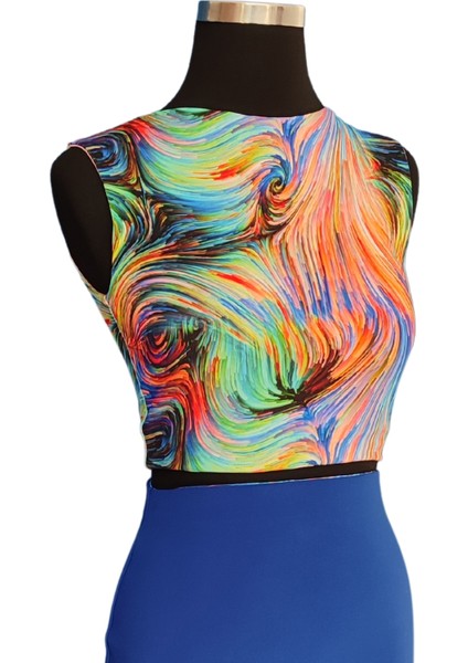 Çift Taraflı Kadın Sırt Dekolteli Desenli Crop Bluz Soyut - Pudra