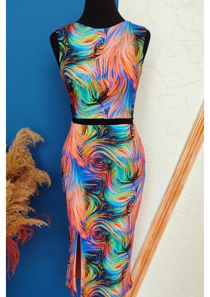 Çift Taraflı Kadın Sırt Dekolteli Desenli Crop Bluz Soyut - Pudra