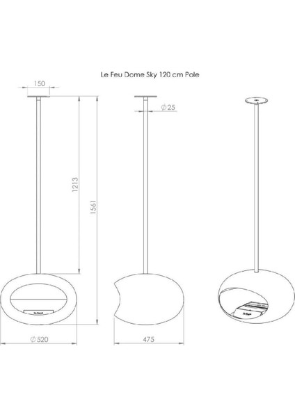 Siyah Kubbe Şömine & Parlak Çelik 120 Cm Çelik Brülör
