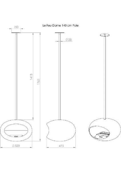 Siyah Kubbe Şömine & Siyah 140 Cm Çelik Brülör / Black Sky - Black - 140 Cm-Steel Burner