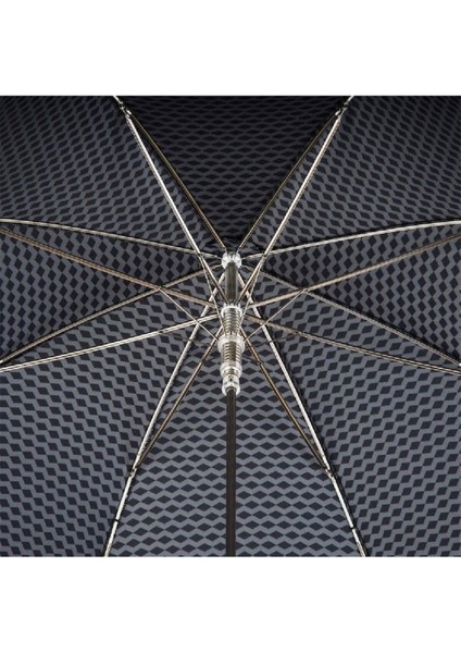 Siyah Deri Saplı Siyah/Gri Desenli Otomatik Şemsiye 95 Cm