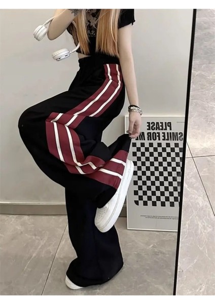 Y2K Harajuku Siyah Kırmızı Şerit Bloklu Eşofman Altı