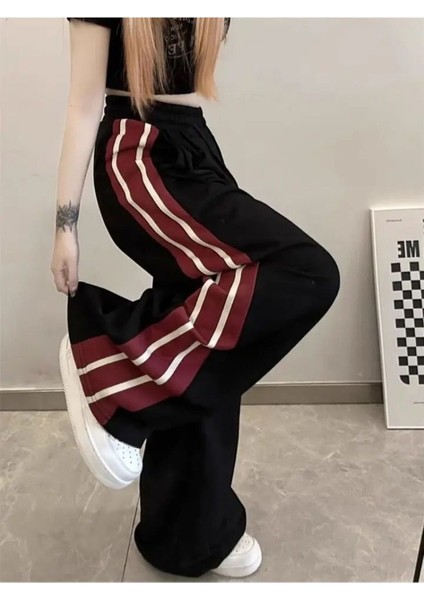 Y2K Harajuku Siyah Kırmızı Şerit Bloklu Eşofman Altı modelleri