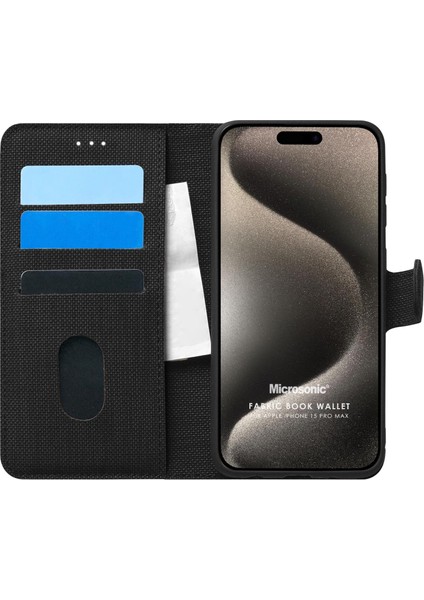 Apple iPhone 15 Pro Max Kılıf Fabric Book Wallet Siyah