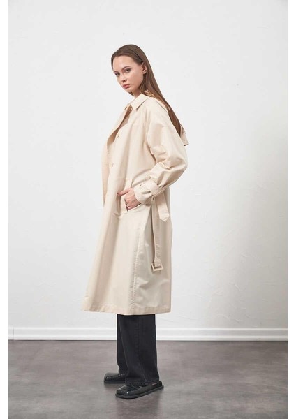 Tokalı Oversize Trenchcoat Ekru