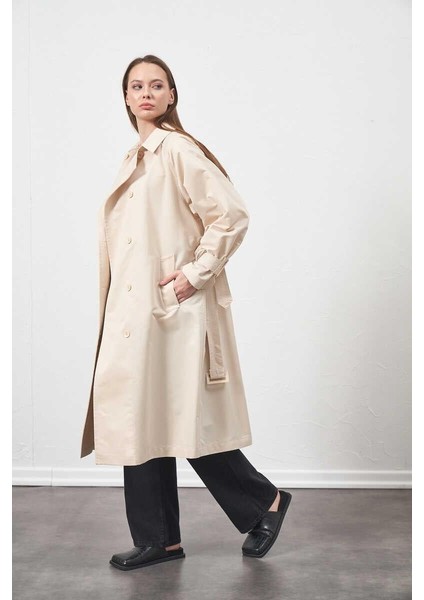 Tokalı Oversize Trenchcoat Ekru