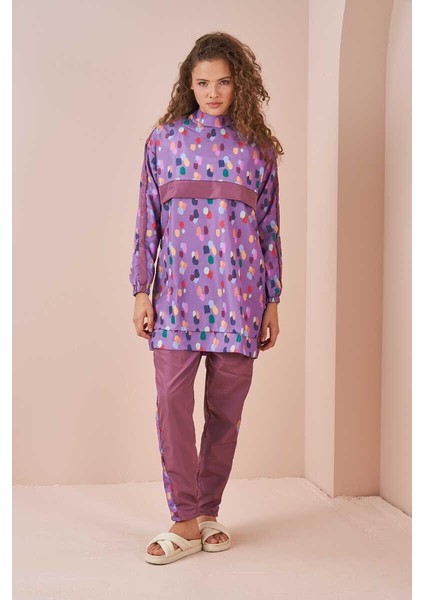 Puantiye Desen Tesettür Mayo Kısa Lila fiyatları