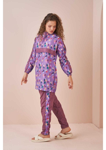 Puantiye Desen Tesettür Mayo Kısa Lila modelleri