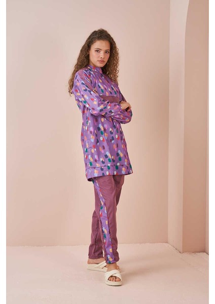 Puantiye Desen Tesettür Mayo Kısa Lila fırsatları