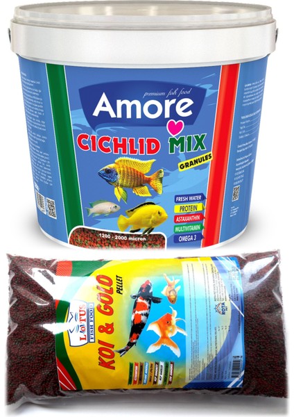 Malawi Ciklet Mix 3kg Kova, Gold Fish Mix Pellet 860GR Poşet Japon Balığı Yemi
