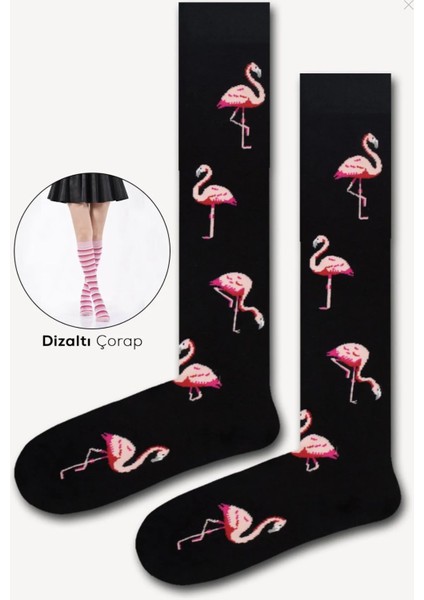 Flamingo Desenli Siyah Dizaltı Çorap