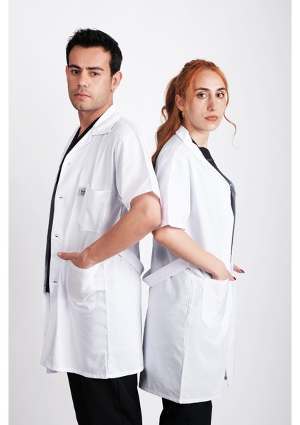 B&S Uniforma Unisex Klasik Yaka Alpaka Doktor Önlüğü Hemşire Eczacı Öğretmen Laboratuvar Beyaz Kısa Kollu Önlük