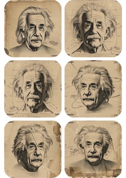 Albert Einstein Fizik Kimya Atom Uzay Bilim Temalı Ev Dekor 6lı Retro Ahşap Bardak Atlığı Seti