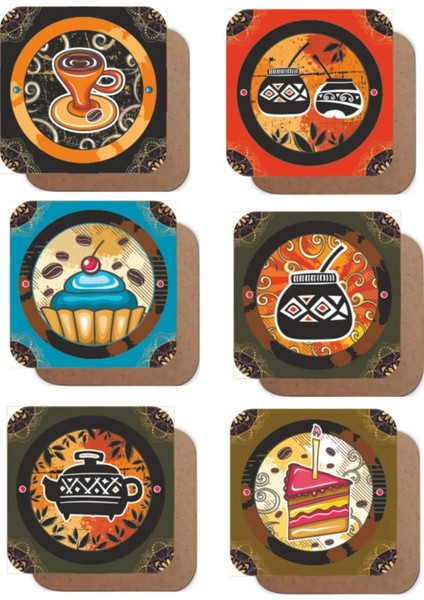 Major Selection Renkli Retro Çay Kahve Temalı 6lı Ahşap Bardak Altlığı Seti-1