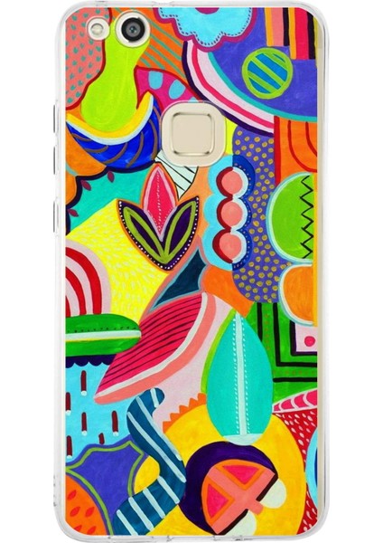 Huawei P10 Lite ile Uyumlu 1mm Slim Fit Retro Colors 6 Baskılı Şeffaf Silikon Kılıf