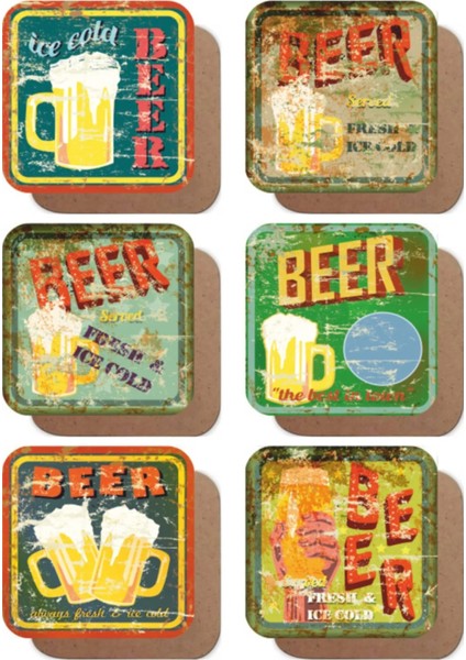 Major Selection Eskitilmiş Vintage Bira Temalı 6lı Retro Ahşap Bardak Altlığı Seti