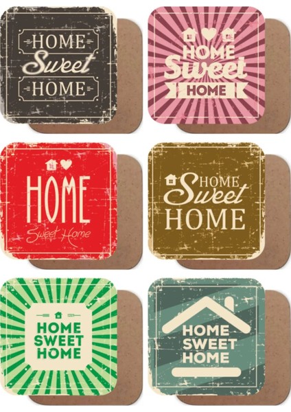 Major Selection Home Sweet Home Evim Güzel Evim Temalı Ahşap Bardak Altlığı Seti 6lı