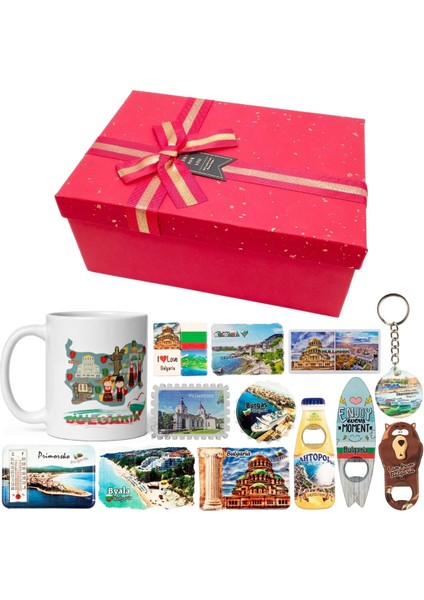 Bulgaristan Hediye Kutusu 10 Parça Kupa Magnet Anahtarlık Kutu