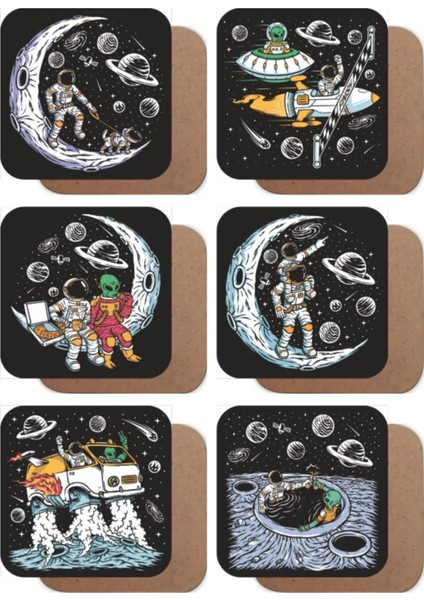 Uzayda Hayat Var, Eğlenceli Astronot 6lı Ahşap Bardak Altlığı Seti