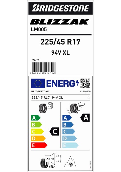 225/45 R17 94V Xl Blizzak Lm005 Binek Oto Kış Lastiği (Üretim Yılı: 2024)