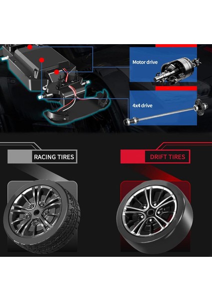 2.4ghz Işıklı 1:16 Drift Model Yedek Lastikli Uzaktan Kumandalı Drift Arabası Drag Car Yarış Arabası