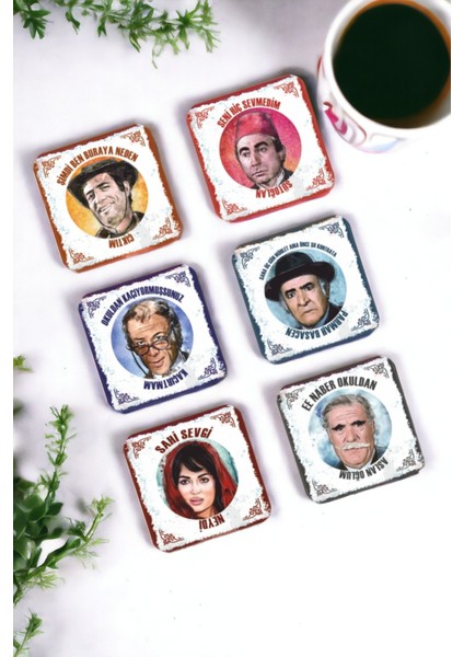 Major Selection Yeşilçam Türk Sineması Replikleri 3 Set 6lı Retro Ahşap Bardak Altlığı Seti