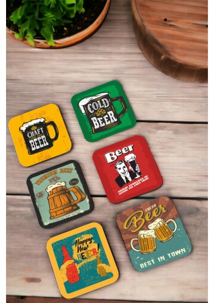 Major Selection Retro Bira Vintage 6lı Ahşap Bardak Altlığı Seti