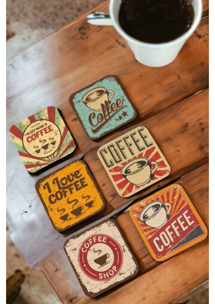Retro Kahve Vintage 6'lı Ahşap Bardak Altlığı Seti