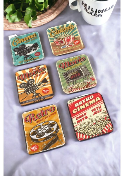 Major Selection Vintage Sinema Temalı 6lı Retro Ahşap Bardak Altlığı Seti