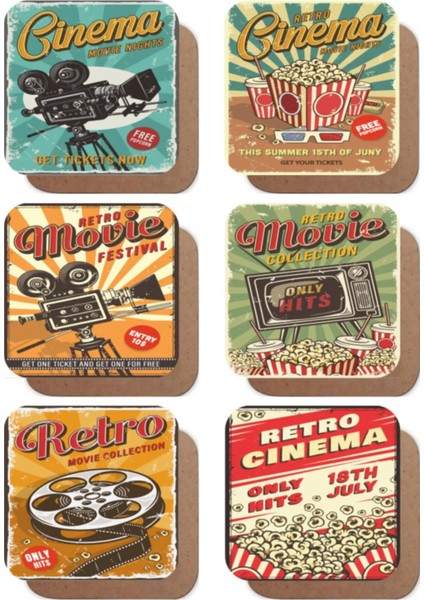 Major Selection Vintage Sinema Temalı 6lı Retro Ahşap Bardak Altlığı Seti fiyatları