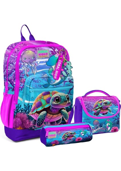 Kids Pembe Mor Kaplumbağa Desenli 3'lü Okul Çantası Seti