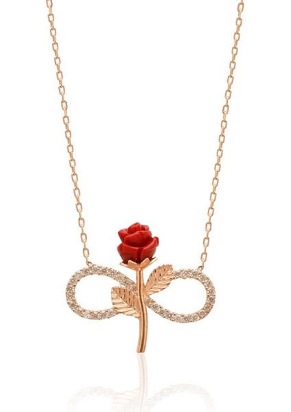 Zirkon Taşlı Rose Gül Motifli Sonsuzluk Gümüş Kolye