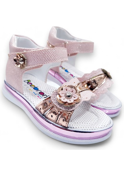 Ortopedik Abiye Kız Bebek Sandaleti Tek Çiçek Serisi Tc2413 Simli Pembe 21