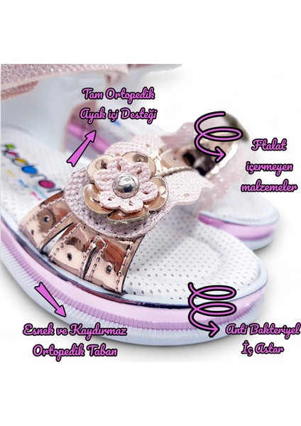 Ortopedik Abiye Kız Bebek Sandaleti Tek Çiçek Serisi Tc2413 Simli Pembe 21