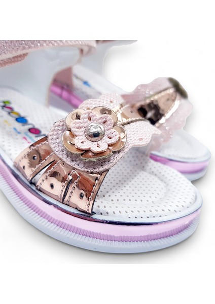 Ortopedik Abiye Kız Bebek Sandaleti Tek Çiçek Serisi Tc2413 Simli Pembe 21