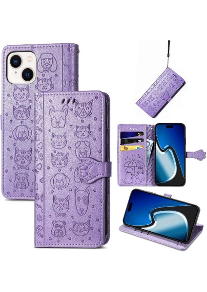 Iphone 15 Için Kılıf Artı Karikatür Hayvanlar Kısa Kayış Darbeye Deri (Yurt Dışından)